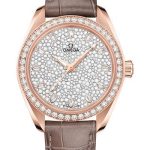 Omega Seamaster Aqua Terra 150M Co-Axial Master Chronometer Watch – 34 mm Sedna Gold Case – Diamond-Set Bezel – Radiant Diamond Dial – Taupe-Brown Leather Strap – 220.58.34.20.99.003