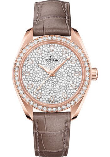 Omega Seamaster Aqua Terra 150M Co-Axial Master Chronometer Watch – 34 mm Sedna Gold Case – Diamond-Set Bezel – Radiant Diamond Dial – Taupe-Brown Leather Strap – 220.58.34.20.99.003