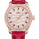 Omega Seamaster Aqua Terra 150M Omega Co-Axial Master Chronometer – 34 mm Sedna Gold Case – Diamond Bezel – White Diamond Wave Ruby Dial – Glossy Red Leather Strap – 220.58.34.20.99.004