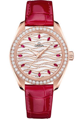 Omega Seamaster Aqua Terra 150M Omega Co-Axial Master Chronometer – 34 mm Sedna Gold Case – Diamond Bezel – White Diamond Wave Ruby Dial – Glossy Red Leather Strap – 220.58.34.20.99.004