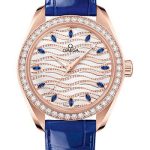 Omega Seamaster Aqua Terra 150M Omega Co-Axial Master Chronometer – 34 mm Sedna Gold Case – Diamond Bezel – White Diamond Wave Sapphire Dial – Glossy Blue Leather Strap – 220.58.34.20.99.005