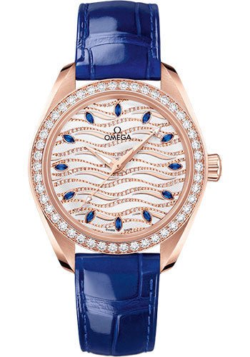 Omega Seamaster Aqua Terra 150M Omega Co-Axial Master Chronometer – 34 mm Sedna Gold Case – Diamond Bezel – White Diamond Wave Sapphire Dial – Glossy Blue Leather Strap – 220.58.34.20.99.005