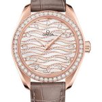 Omega Seamaster Aqua Terra 150M Co-Axial Master Chronometer Watch – 34 mm Sedna Gold Case – Diamond-Set Bezel – Radiant Diamond Dial – Taupe-Brown Leather Strap – 220.58.34.20.99.006
