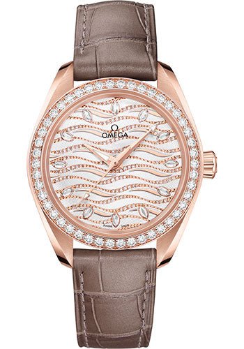 Omega Seamaster Aqua Terra 150M Co-Axial Master Chronometer Watch – 34 mm Sedna Gold Case – Diamond-Set Bezel – Radiant Diamond Dial – Taupe-Brown Leather Strap – 220.58.34.20.99.006