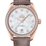 Omega Seamaster Aqua Terra 150M Co-Axial Master Chronometer Ladies Watch – 38 mm Sedna Gold Case – White Mother-Of-Pearl Diamond Dial – Taupe-Brown Leather Strap – 220.58.38.20.55.001