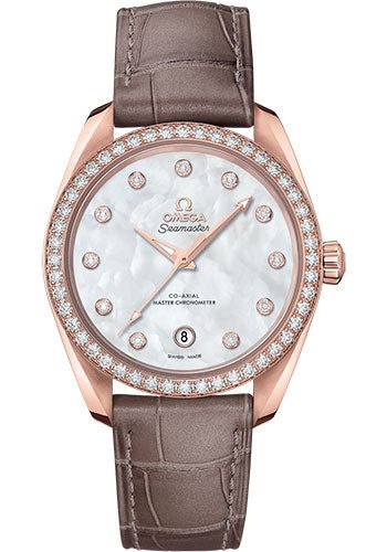 Omega Seamaster Aqua Terra 150M Co-Axial Master Chronometer Ladies Watch – 38 mm Sedna Gold Case – White Mother-Of-Pearl Diamond Dial – Taupe-Brown Leather Strap – 220.58.38.20.55.001