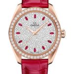 Omega Seamaster Aqua Terra 150M Co-Axial Master Chronometer Ladies’ Watch – 38 mm Sedna Gold Case – Fully Paved Diamond Dial – Glossy Red Leather Strap – 220.58.38.20.99.001