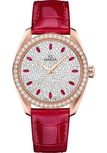 Omega Seamaster Aqua Terra 150M Co-Axial Master Chronometer Ladies’ Watch – 38 mm Sedna Gold Case – Fully Paved Diamond Dial – Glossy Red Leather Strap – 220.58.38.20.99.001