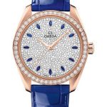 Omega Seamaster Aqua Terra 150M Omega Co-Axial Master Chronometer Ladies’ – 38 mm Sedna Gold Case – Diamond Bezel – White Diamond Paved Sapphire Dial – Glossy Blue Leather Strap – 220.58.38.20.99.002