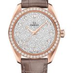 Omega Seamaster Aqua Terra 150M Co-Axial Master Chronometer Ladies Watch – 38 mm Sedna Gold Case – Diamond-Set Bezel – Radiant Diamond Dial – Taupe-Brown Leather Strap – 220.58.38.20.99.003
