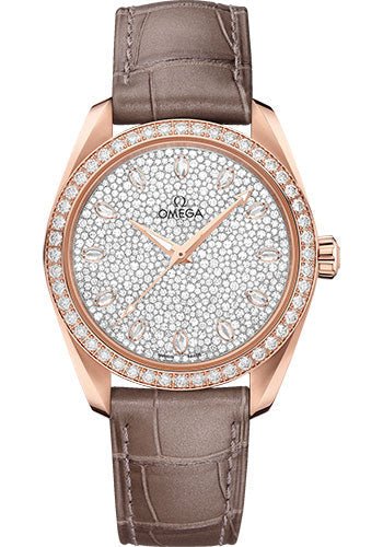 Omega Seamaster Aqua Terra 150M Co-Axial Master Chronometer Ladies Watch – 38 mm Sedna Gold Case – Diamond-Set Bezel – Radiant Diamond Dial – Taupe-Brown Leather Strap – 220.58.38.20.99.003