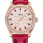 Omega Seamaster Aqua Terra 150M Co-Axial Master Chronometer Ladies’ Watch – 38 mm Sedna Gold Case – Radiant Wave Pattern Diamond Dial – Glossy Red Leather Strap – 220.58.38.20.99.004