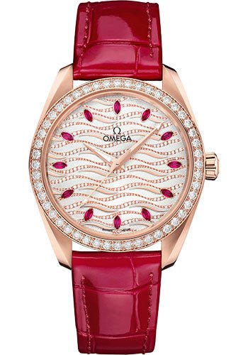 Omega Seamaster Aqua Terra 150M Co-Axial Master Chronometer Ladies’ Watch – 38 mm Sedna Gold Case – Radiant Wave Pattern Diamond Dial – Glossy Red Leather Strap – 220.58.38.20.99.004