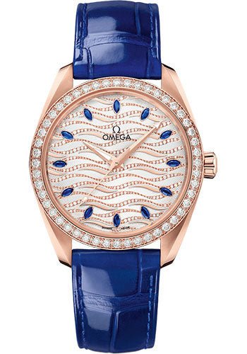 Omega Seamaster Aqua Terra 150M Omega Co-Axial Master Chronometer Ladies’ – 38 mm Sedna Gold Case – Diamond Bezel – White Diamond Wave Sapphire Dial – Glossy Blue Leather Strap – 220.58.38.20.99.005