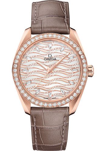 Omega Seamaster Aqua Terra 150M Co-Axial Master Chronometer Ladies Watch – 38 mm Sedna Gold Case – Diamond-Set Bezel – Radiant Diamond Dial – Taupe-Brown Leather Strap – 220.58.38.20.99.006