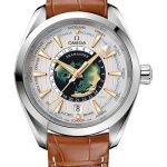 Omega Seamaster Aqua Terra 150M Omega Co-Axial Master Chronometer GMT Worldtimer – 43 mm Platinum Case – Grey Dial – Brown Leather Strap Limited Edition of 87 – 220.93.43.22.99.001