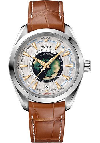 Omega Seamaster Aqua Terra 150M Omega Co-Axial Master Chronometer GMT Worldtimer – 43 mm Platinum Case – Grey Dial – Brown Leather Strap Limited Edition of 87 – 220.93.43.22.99.001