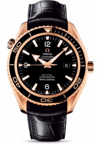Omega Seamaster Planet Ocean Big Size Watch – 45.5 mm Red Gold Case – Unidirectional Bezel – Black Dial – Black Leather Strap – 222.63.46.20.01.001