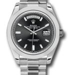 Rolex 950 Platinum Day-Date 40 Watch – Smooth Bezel – Black Baguette Diamond Dial – President Bracelet – 228206 bkbdp
