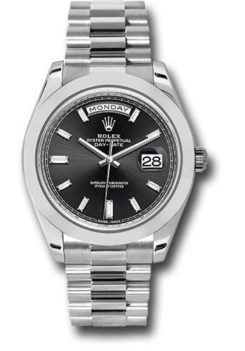 Rolex 950 Platinum Day-Date 40 Watch – Smooth Bezel – Black Baguette Diamond Dial – President Bracelet – 228206 bkbdp
