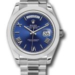 Rolex 950 Platinum Day-Date 40 Watch – Smooth Bezel – Blue Bevelled Roman Dial – President Bracelet – 228206