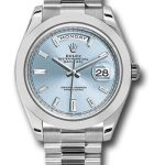 Rolex 950 Platinum Day-Date 40 Watch – Smooth Bezel – Ice Blue Baguette Diamond Dial – President Bracelet – 228206 ibbdp