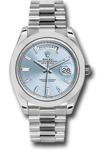 Rolex 950 Platinum Day-Date 40 Watch – Smooth Bezel – Ice Blue Baguette Diamond Dial – President Bracelet – 228206 ibbdp