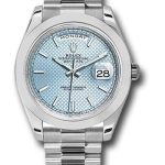 Rolex 950 Platinum Day-Date 40 Watch – Smooth Bezel – Ice Blue Diagonal Motif Index Dial – President Bracelet – 228206 ibdmip