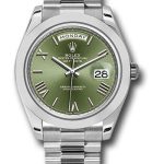 Rolex 950 Platinum Day-Date 40 Watch – Smooth Bezel – Olive Green Bevelled Roman Dial – President Bracelet – 228206