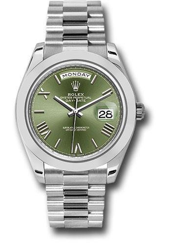 Rolex 950 Platinum Day-Date 40 Watch – Smooth Bezel – Olive Green Bevelled Roman Dial – President Bracelet – 228206