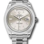 Rolex 950 Platinum Day-Date 40 Watch – Smooth Bezel – Silver Baguette Diamond Dial – President Bracelet – 228206