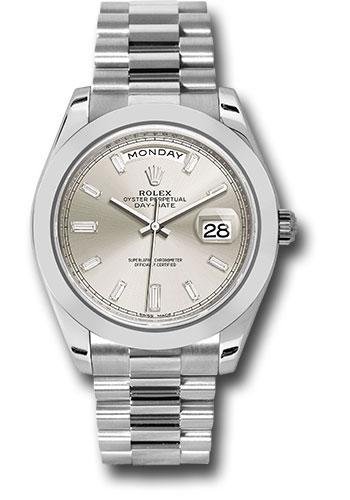 Rolex 950 Platinum Day-Date 40 Watch – Smooth Bezel – Silver Baguette Diamond Dial – President Bracelet – 228206