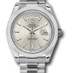 Rolex 950 Platinum Day-Date 40 Watch – Smooth Bezel – Silver Strip Motif Index Dial – President Bracelet – 228206 ssmip