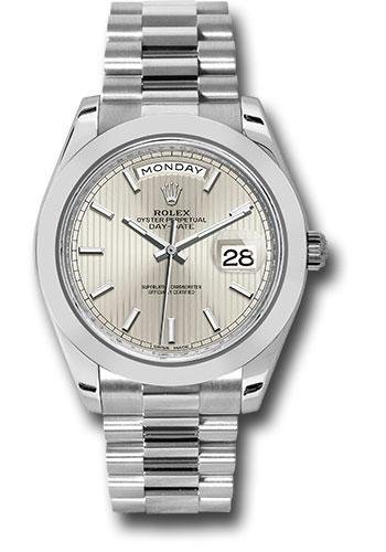 Rolex 950 Platinum Day-Date 40 Watch – Smooth Bezel – Silver Strip Motif Index Dial – President Bracelet – 228206 ssmip
