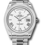 Rolex 950 Platinum Day-Date 40 Watch – Smooth Bezel – White Bevelled Roman Dial – President Bracelet – 228206