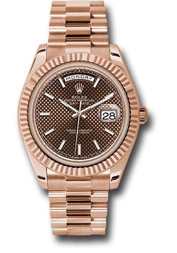 Rolex Everose Gold Day-Date 40 Watch – Fluted Bezel – Chocolate Diagonal Motif Index Dial – President Bracelet – 228235 chodmip
