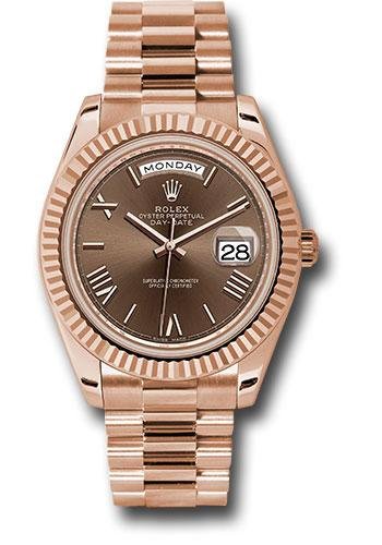 Rolex Everose Gold Day-Date 40 Watch – Fluted Bezel – Chocolate Bevelled Roman Dial – President Bracelet – 228235 chorp