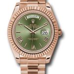 Rolex Everose Gold Day-Date 40 Watch – Fluted Bezel – Olive Green Bevelled Roman Dial – President Bracelet – 228235