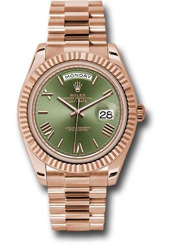 Rolex Everose Gold Day-Date 40 Watch – Fluted Bezel – Olive Green Bevelled Roman Dial – President Bracelet – 228235