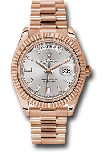 Rolex Everose Gold Day-Date 40 Watch – Fluted Bezel – Sundust Baguette-Cut Diamond Dial – President Bracelet – 228235 sdbdp