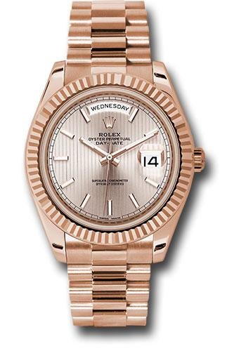 Rolex Everose Gold Day-Date 40 Watch – Fluted Bezel – Sundust Strip Motif Index Dial – President Bracelet – 228235 sdsmip