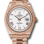 Rolex Everose Gold Day-Date 40 Watch – Fluted Bezel – White Bevelled Roman Dial – President Bracelet – 228235