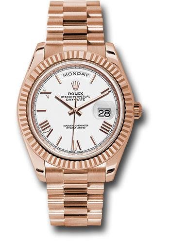 Rolex Everose Gold Day-Date 40 Watch – Fluted Bezel – White Bevelled Roman Dial – President Bracelet – 228235