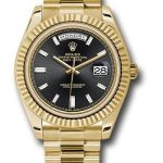 Rolex Yellow Gold Day-Date 40 Watch – Fluted Bezel – Black Baguette Diamond Dial – President Bracelet – 228238 bkbdp