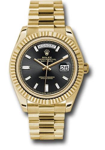 Rolex Yellow Gold Day-Date 40 Watch – Fluted Bezel – Black Baguette Diamond Dial – President Bracelet – 228238 bkbdp