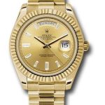 Rolex Yellow Gold Day-Date 40 Watch – Fluted Bezel – Champagne Baguette Diamond Dial – President Bracelet – 228238 chbdp