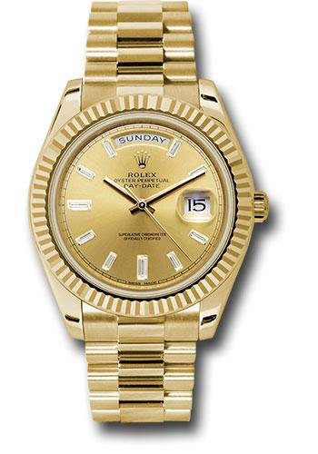 Rolex Yellow Gold Day-Date 40 Watch – Fluted Bezel – Champagne Baguette Diamond Dial – President Bracelet – 228238 chbdp