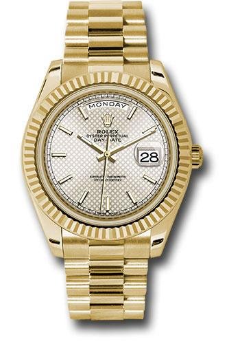 Rolex Yellow Gold Day-Date 40 Watch – Fluted Bezel – Silver Diagonal Motif Index Dial – President Bracelet – 228238 sdmip
