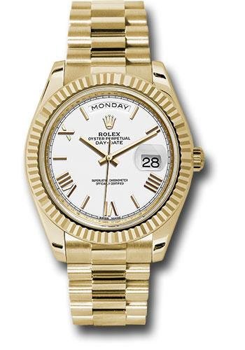 Rolex Yellow Gold Day-Date 40 Watch – Fluted Bezel – White Bevelled Roman Dial – President Bracelet – 228238