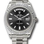 Rolex White Gold Day-Date 40 Watch – Fluted Bezel – Black Baguette Diamond Dial – President Bracelet – 228239 bkbdp